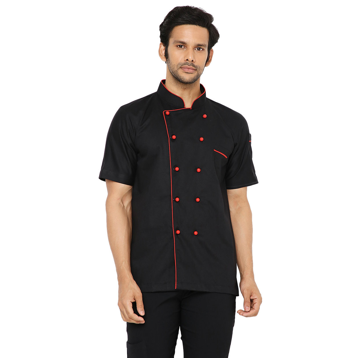 Black Chef Coat H/S P/B with Red Combination